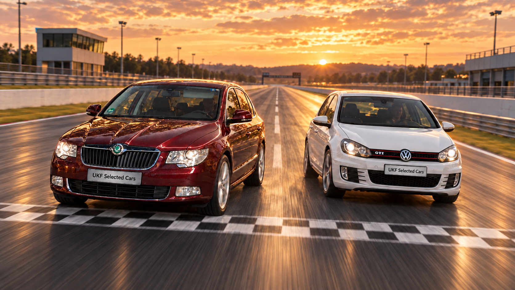 Superb und Golf GTI auf der Rennstrecke: bordeauxroter Superb und weißer Golf VI GTI nebeneinander, beide mit UKF-Kennzeichen